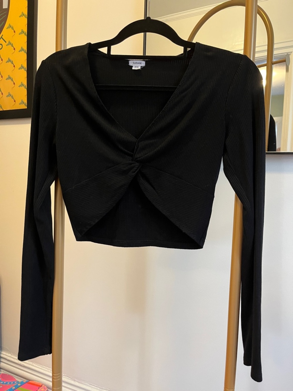 Garage Black Long Sleeve Twist-Front Ribbed Crop Top